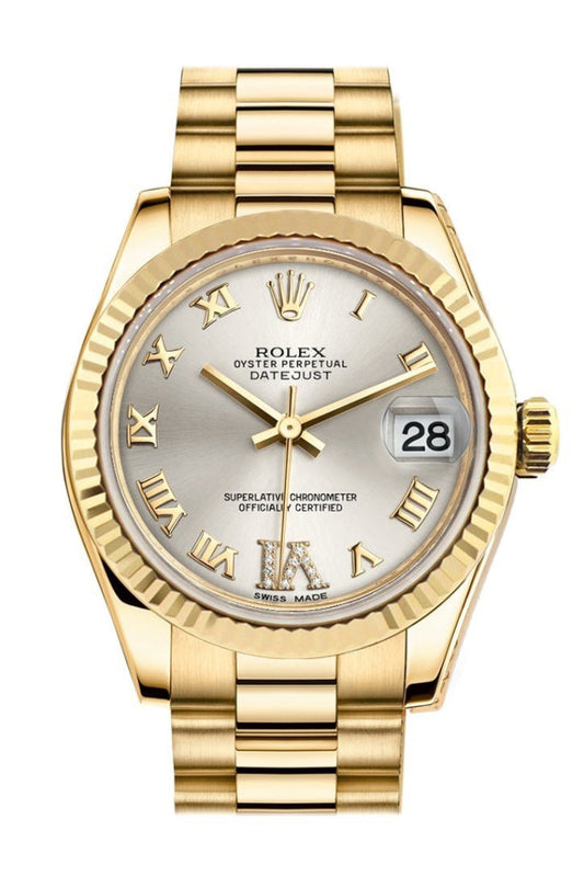 Rolex Datejust 31 Silver Large VI Rubies Dial Fluted Bezel 18K Yellow Gold President Ladies Watch 178278 Pre-owned