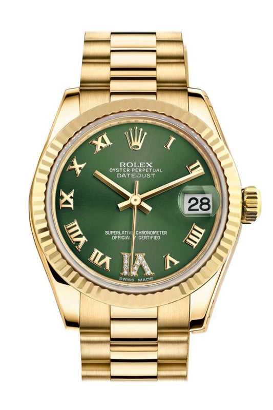 Rolex Datejust 31 Olive Green VI Diamonds Dial Fluted Bezel 18K Yellow Gold President Ladies Watch 178278 Pre-owned