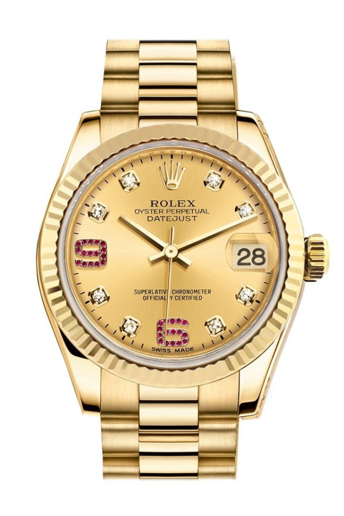 Rolex Datejust 31 Champagne Diamonds Rubies Dial Fluted Bezel 18K Yellow Gold President Ladies Watch 178278 Pre-owned