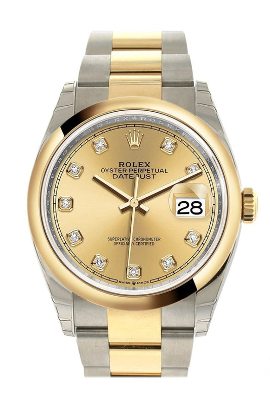 Rolex Datejust 36 Champagne Diamonds Dial Dome Bezel Oyster Yellow Gold Two Tone Watch 126203 NP