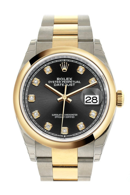 Rolex Datejust 36 Black set with diamonds Dial Dome Bezel Oyster Yellow Gold Two Tone Watch 126203NP