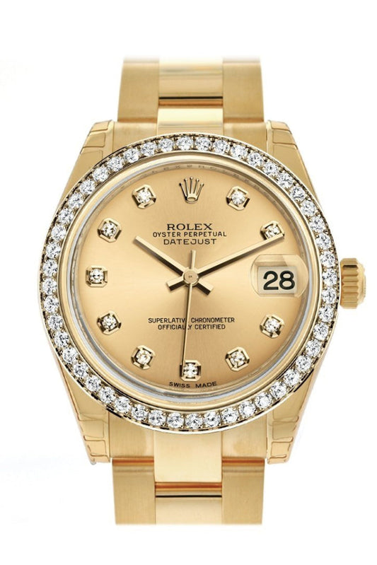 Rolex Datejust 31 Champagne Diamond Dial Diamond Bezel 18K Yellow Gold Ladies Watch 178288 Pre-owned