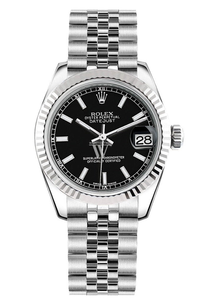 Rolex Datejust 31 Black concentric Arab Dial White Gold Fluted Bezel Jubilee Ladies Watch 178274 Pre-owned