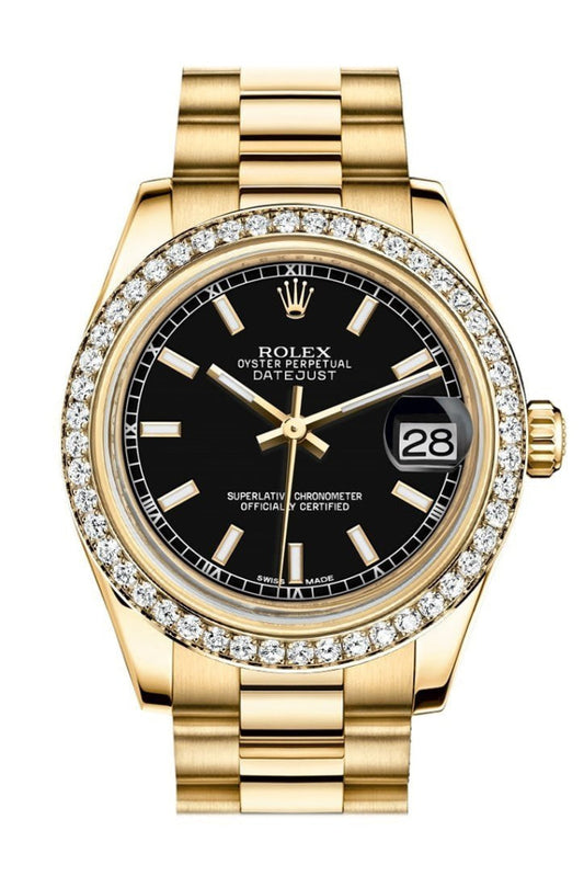 Rolex Datejust 31 Black Dial Diamond Bezel 18K Yellow Gold President Ladies Watch 178288 Pre-owned