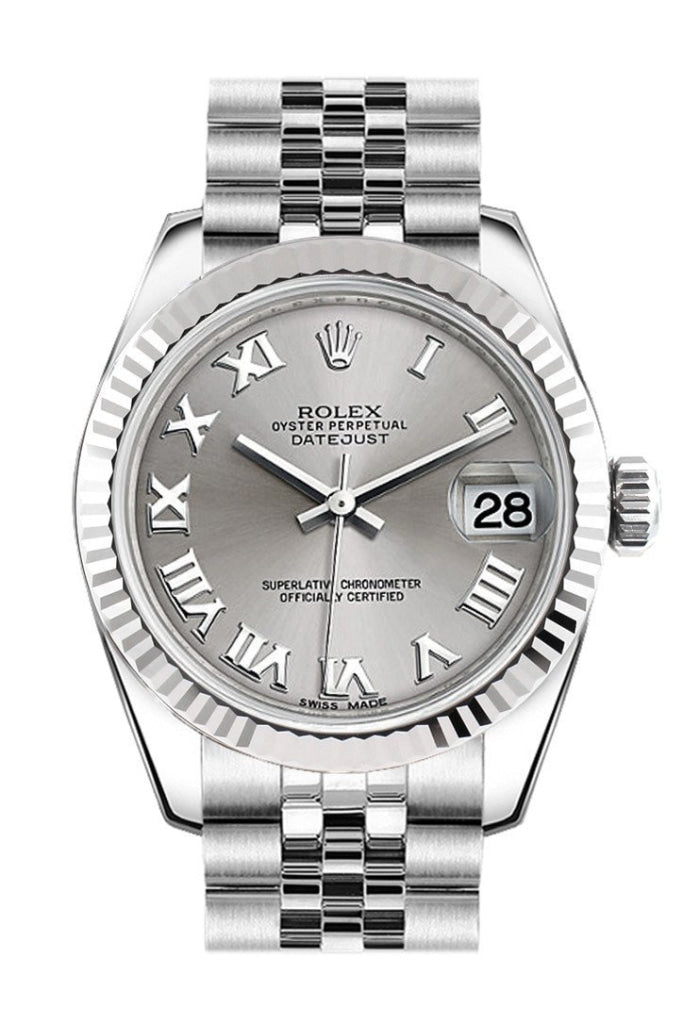 Rolex Datejust 31 Silver Roman Dial White Gold Fluted Bezel Jubilee Ladies Watch 178274 Pre-owned
