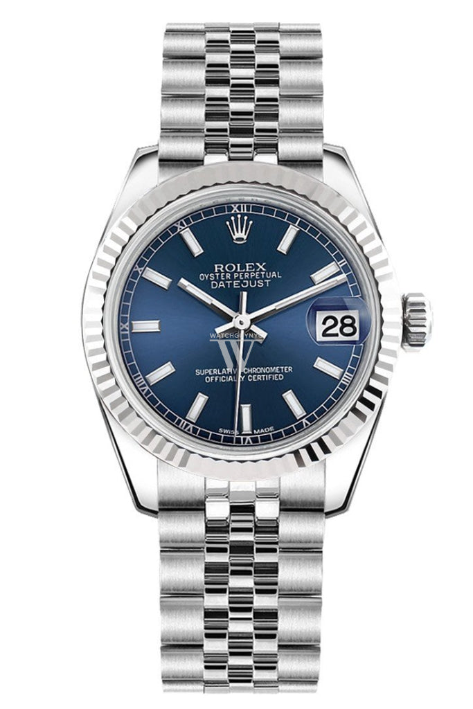 Rolex Datejust 31 Blue Dial White Gold Fluted Bezel Jubilee Ladies Watch 178274 Pre-owned