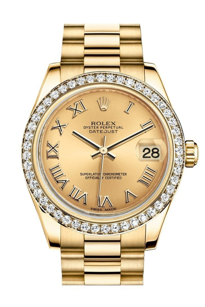 Rolex Datejust 31 Champagne Roman Dial Diamond Bezel 18K Yellow Gold President Ladies Watch 178288 Pre-owned