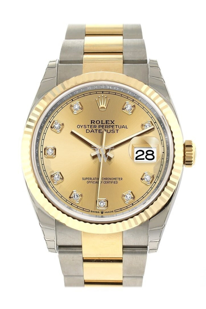 Rolex Datejust 36 Champagne-colour set with diamonds Dial Fluted Bezel Oyster Yellow Gold Two Tone Watch 126233 NP