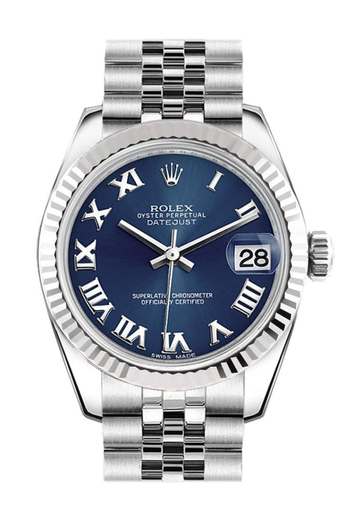 Rolex Datejust 31 Blue Roman Dial White Gold Fluted Bezel Jubilee Ladies Watch 178274 Pre-owned