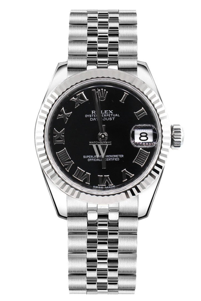 Rolex Datejust 31 Black Roman Dial White Gold Fluted Bezel Jubilee Ladies Watch 178274 Pre-owned