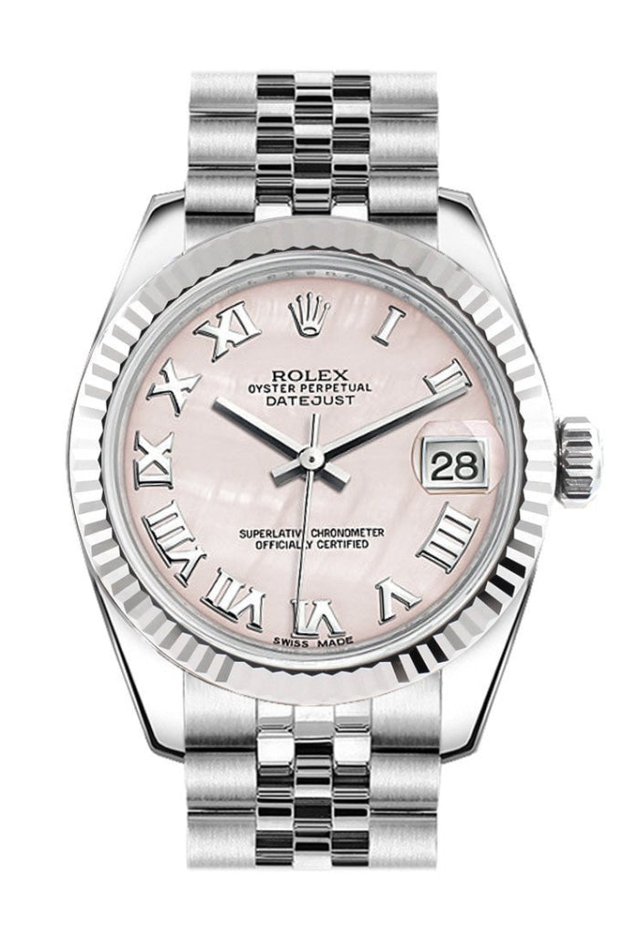 Rolex Datejust 31 Pink Mother of Pearl Roman Dial White Gold Fluted Bezel Jubilee Ladies Watch 178274 Pre-owned