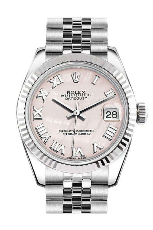 Rolex Datejust 31 Pink Mother of Pearl Roman Dial White Gold Fluted Bezel Jubilee Ladies Watch 178274 Pre-owned