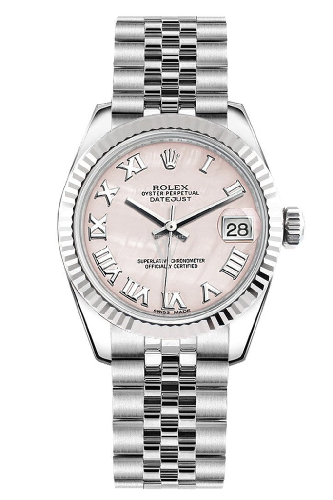 Rolex Datejust 31 Pink Mother of Pearl Roman Dial White Gold Fluted Bezel Jubilee Ladies Watch 178274 Pre-owned