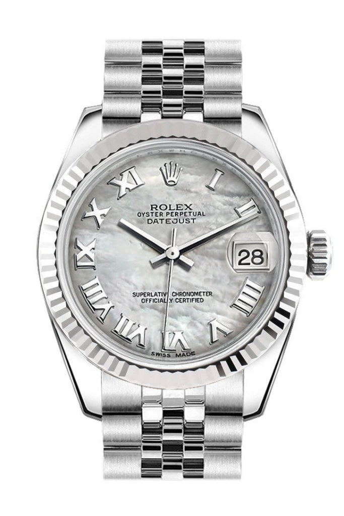 Rolex Datejust 31 White Mother of Pearl Roman Dial White Gold Fluted Bezel Jubilee Ladies Watch 178274 Pre-owned