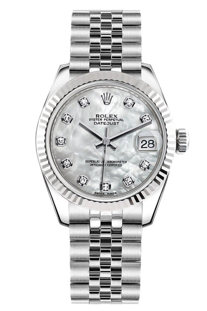 Rolex Datejust 31 White Mother of Pearl Set Diamonds Dial White Gold Fluted Bezel Jubilee Ladies Watch 178274 Pre-owned