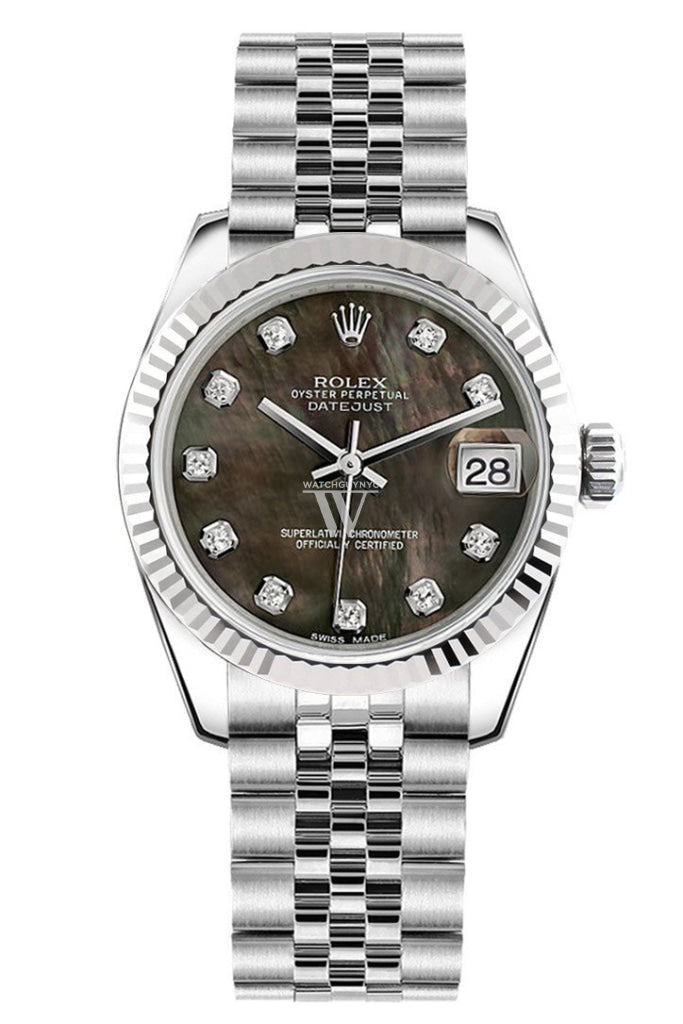 Rolex Datejust 31 Black Mother of Pearl Set Diamonds Dial White Gold Fluted Bezel Jubilee Ladies Watch 178274 Pre-owned