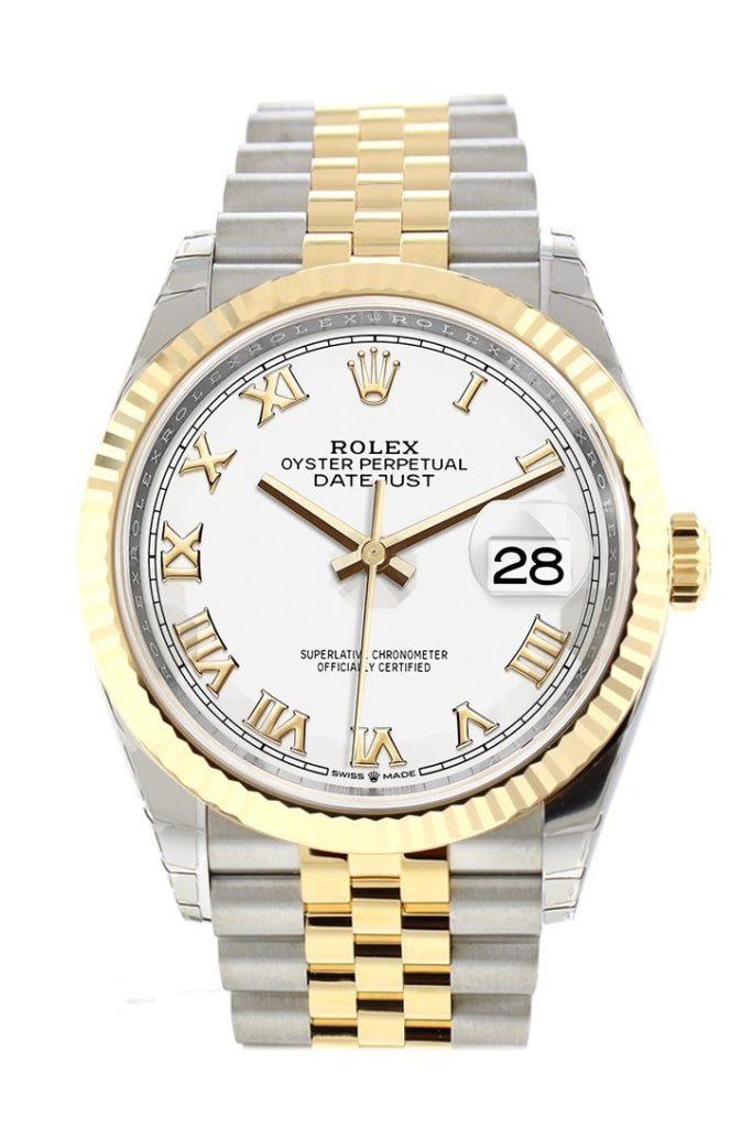 Rolex Datejust 36 White Roman Dial Fluted Bezel Jubilee Yellow Gold Two Tone Watch 126233 NP