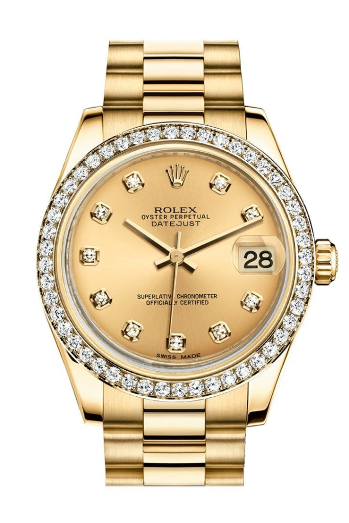 Rolex Datejust 31 Champagne Diamond Dial Diamond Bezel 18K Yellow Gold President Ladies Watch 178288 Pre-owned