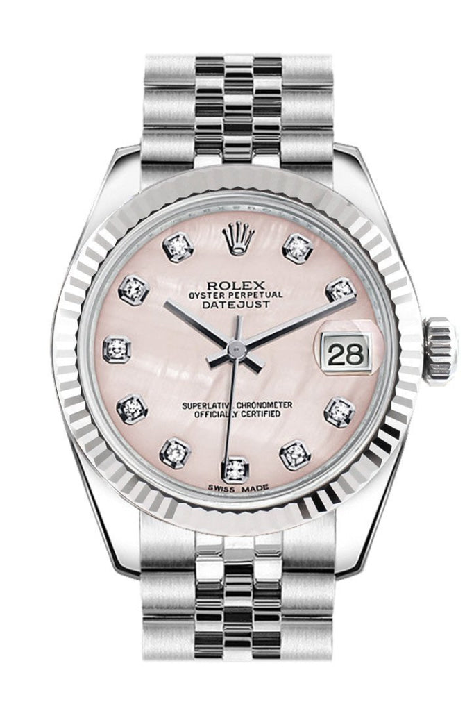 Rolex Datejust 31 Pink Mother of Pearl Set Diamonds Dial White Gold Fluted Bezel Jubilee Ladies Watch 178274 Pre-owned