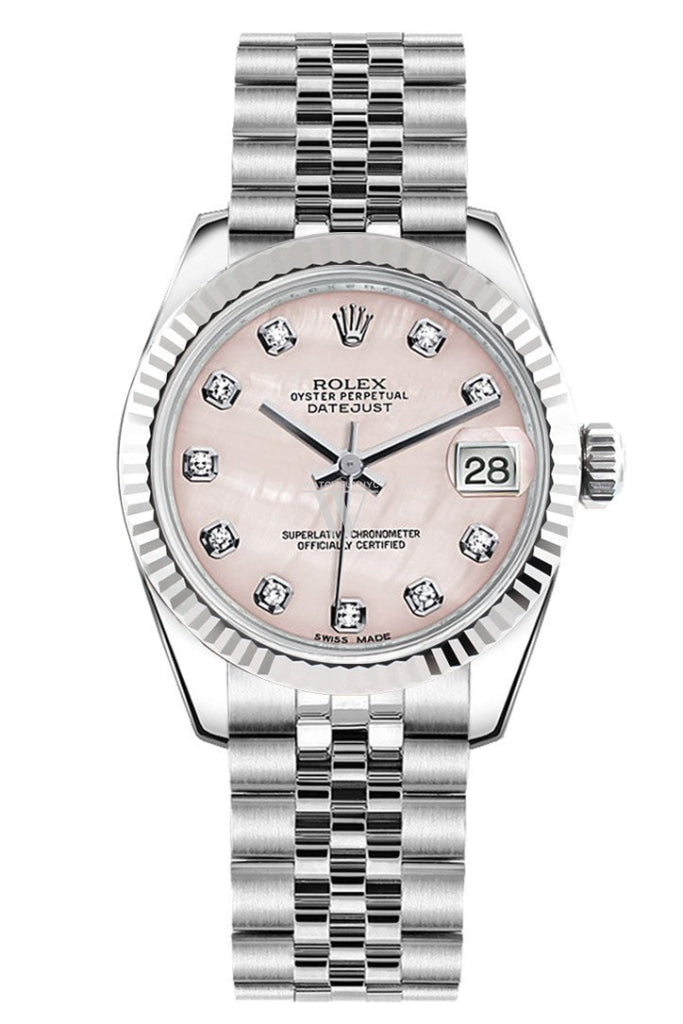 Rolex Datejust 31 Pink Mother of Pearl Set Diamonds Dial White Gold Fluted Bezel Jubilee Ladies Watch 178274 Pre-owned