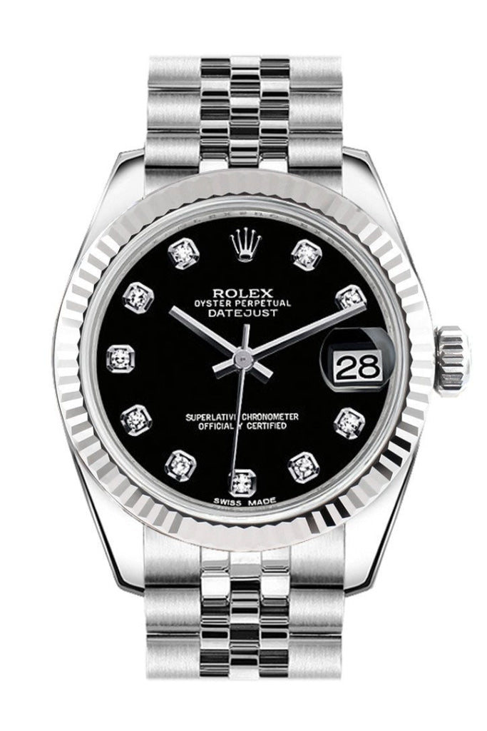 Rolex Datejust 31 Black Set Diamonds Dial White Gold Fluted Bezel Jubilee Ladies Watch 178274 Pre-owned