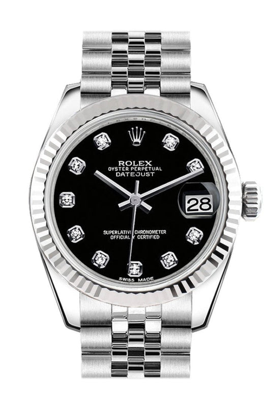 Rolex Datejust 31 Black Set Diamonds Dial White Gold Fluted Bezel Jubilee Ladies Watch 178274 Pre-owned