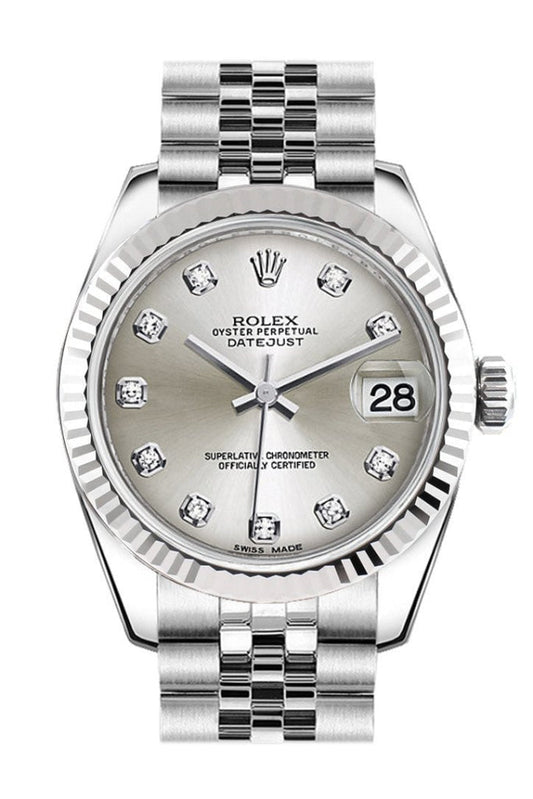 Rolex Datejust 31 Silver Set Diamonds Dial White Gold Fluted Bezel Jubilee Ladies Watch 178274 Pre-owned