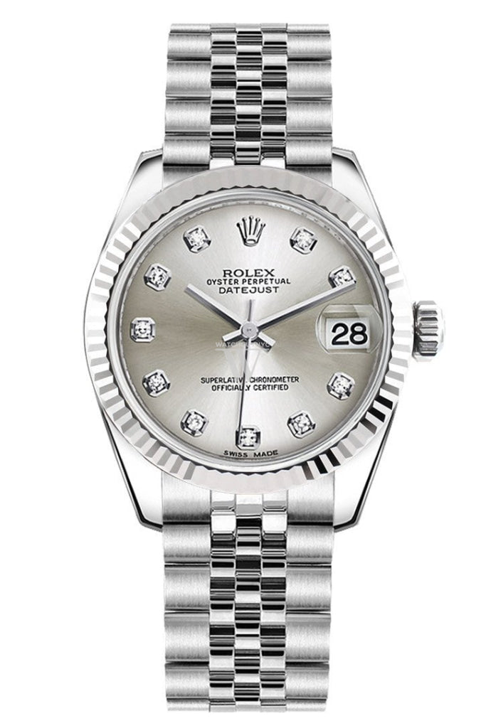 Rolex Datejust 31 Silver Set Diamonds Dial White Gold Fluted Bezel Jubilee Ladies Watch 178274 Pre-owned