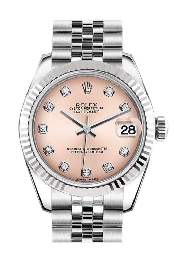 Rolex Datejust 31 Pink Set Diamonds Dial White Gold Fluted Bezel Jubilee Ladies Watch 178274 Pre-owned