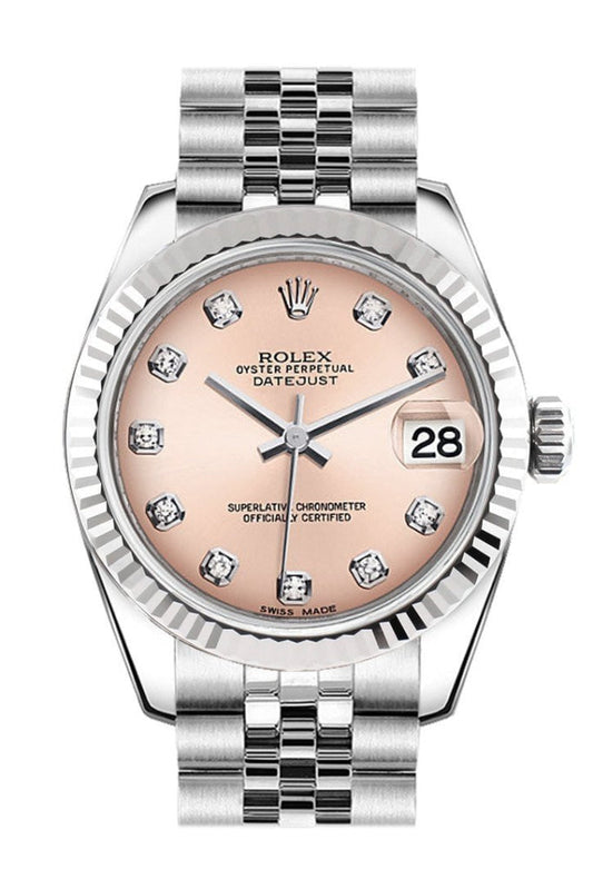 Rolex Datejust 31 Pink Set Diamonds Dial White Gold Fluted Bezel Jubilee Ladies Watch 178274 Pre-owned