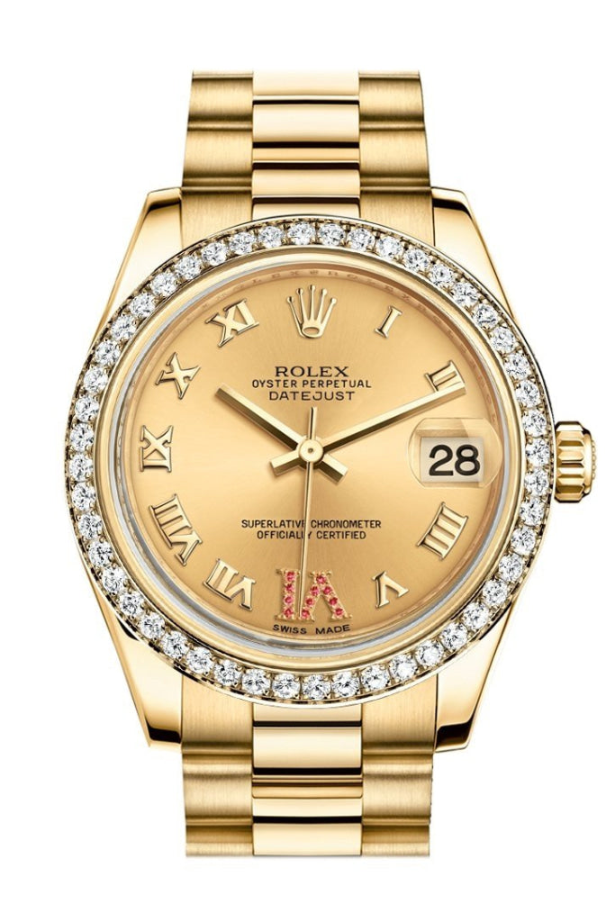 Rolex Datejust 31 Champagne Large VI Rubies Dial Diamond Bezel 18K Yellow Gold President Ladies Watch 178288 Pre-owned