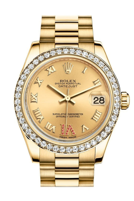 Rolex Datejust 31 Champagne Large VI Rubies Dial Diamond Bezel 18K Yellow Gold President Ladies Watch 178288 Pre-owned