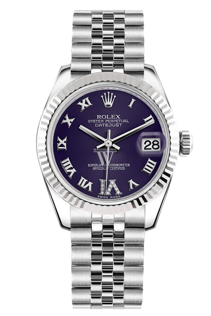 Rolex Datejust 31 Purple Roman Large VI Diamond Dial White Gold Fluted Bezel Jubilee Ladies Watch 178274 Pre-owned