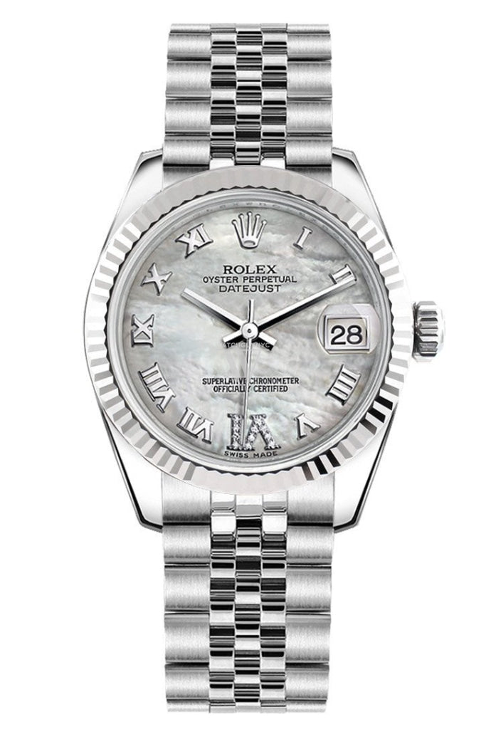 Rolex Datejust 31 White Mother of Pearl Roman Large VI Diamonds Dial White Gold Fluted Bezel Jubilee Ladies Watch 178274 Pre-owned