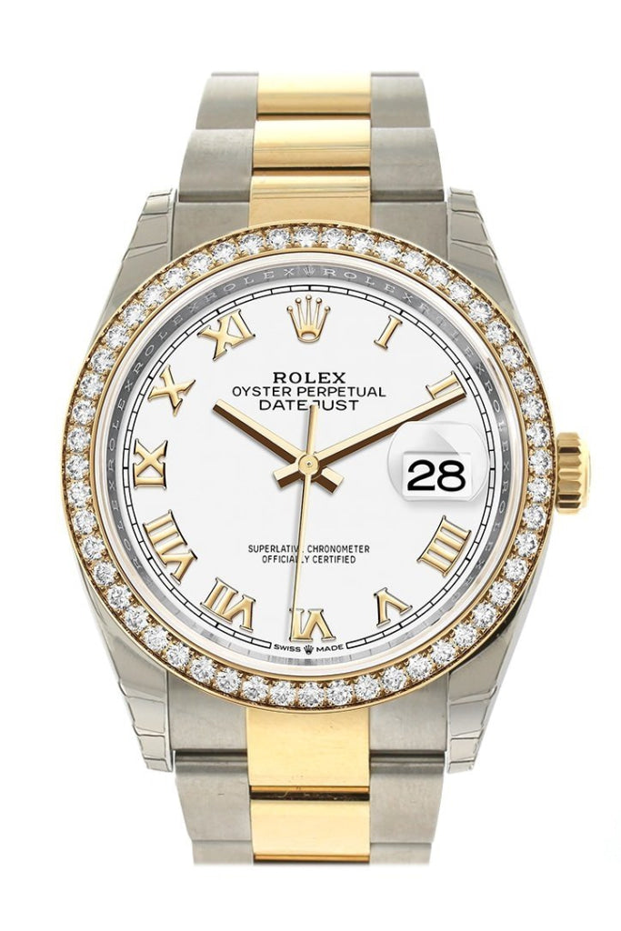 Rolex Datejust 36 White Roman Dial Diamond Bezel Oyster Yellow Gold Two Tone Watch 126283RBR 126283 NP