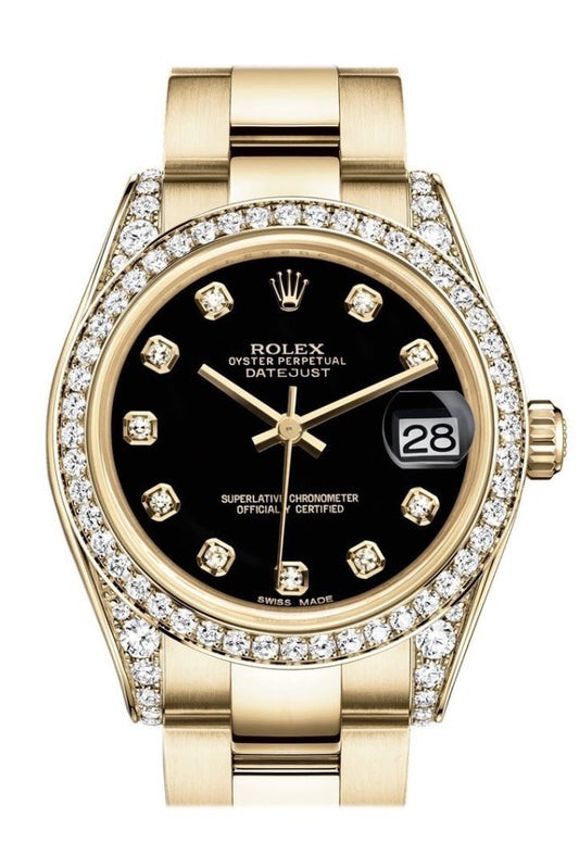 Rolex Datejust 31 Black Diamond Dial Diamond Bezel Lug 18K Yellow Gold Ladies Watch 178158 Pre-owned