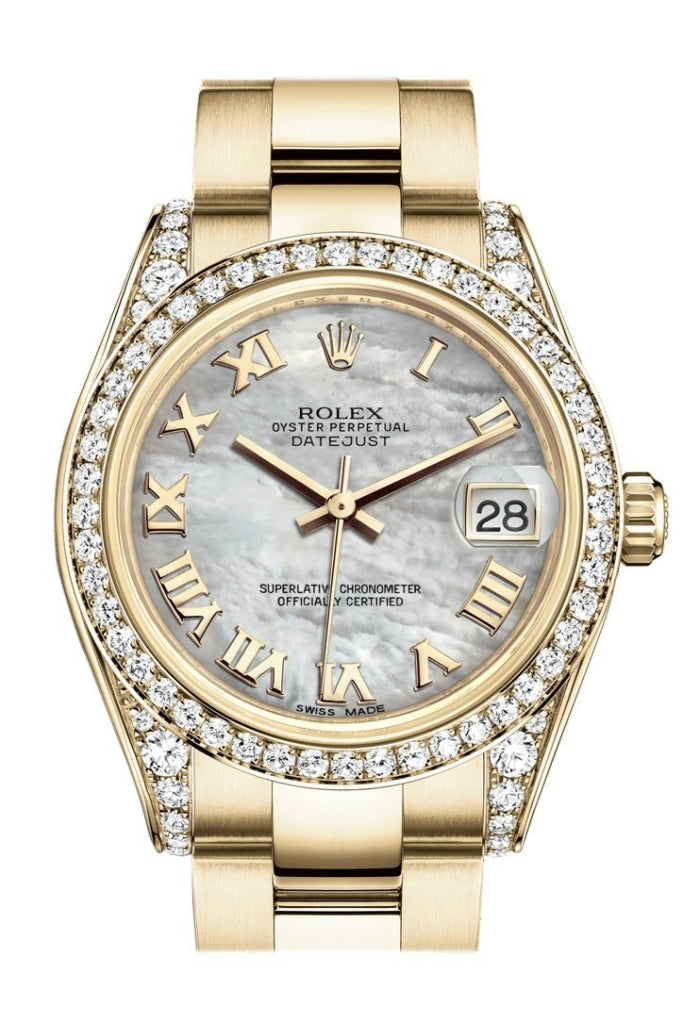 Rolex Datejust 31 White Mother of Pearl Roman Dial Diamond Bezel Lug 18K Yellow Gold Ladies Watch 178158 Pre-owned