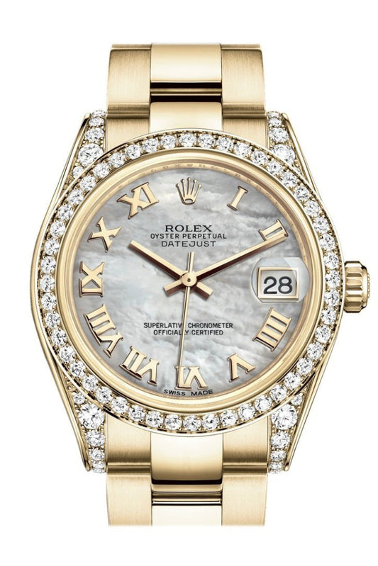Rolex Datejust 31 White Mother of Pearl Roman Dial Diamond Bezel Lug 18K Yellow Gold Ladies Watch 178158 Pre-owned
