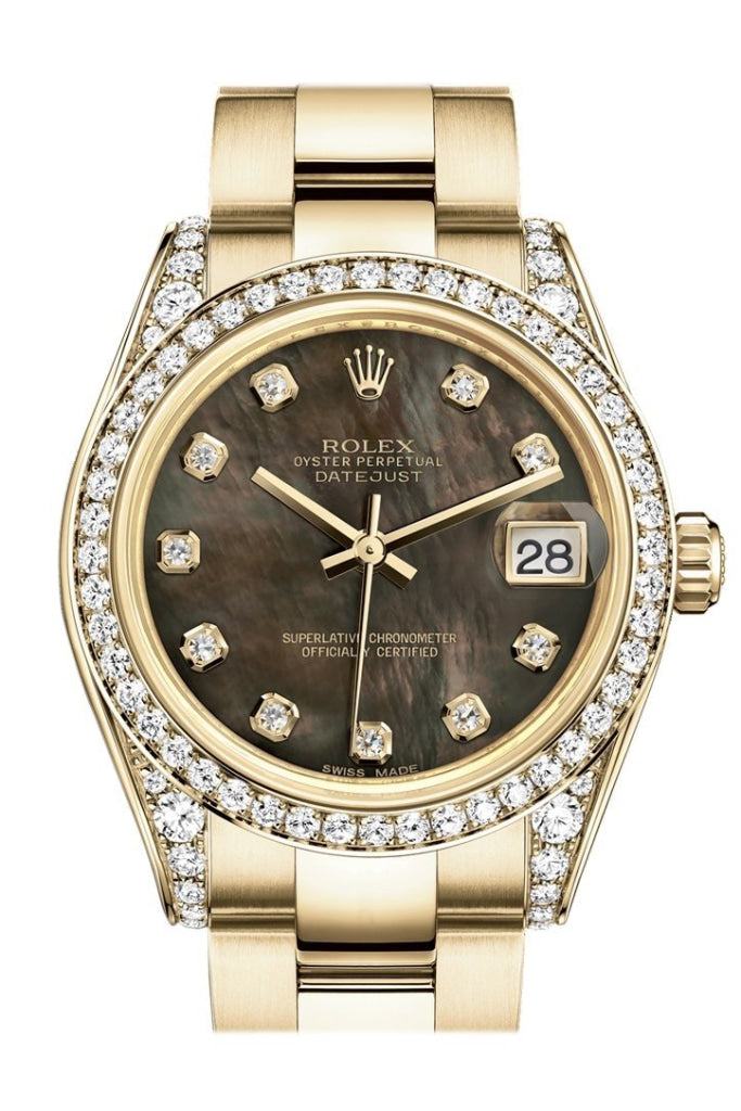 Rolex Datejust 31 Black Mother of Pearl Diamond Dial Diamond Bezel Lug 18K Yellow Gold Ladies Watch 178158 Pre-owned