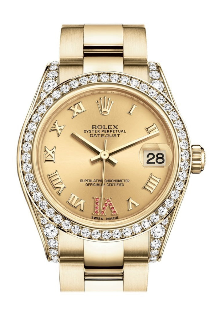 Rolex Datejust 31 Champagne Large VI Rubies Dial Diamond Bezel Lug 18K Yellow Gold Ladies Watch 178158 Pre-owned