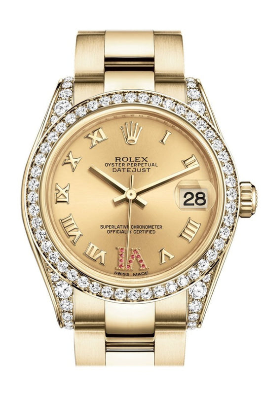 Rolex Datejust 31 Champagne Large VI Rubies Dial Diamond Bezel Lug 18K Yellow Gold Ladies Watch 178158 Pre-owned