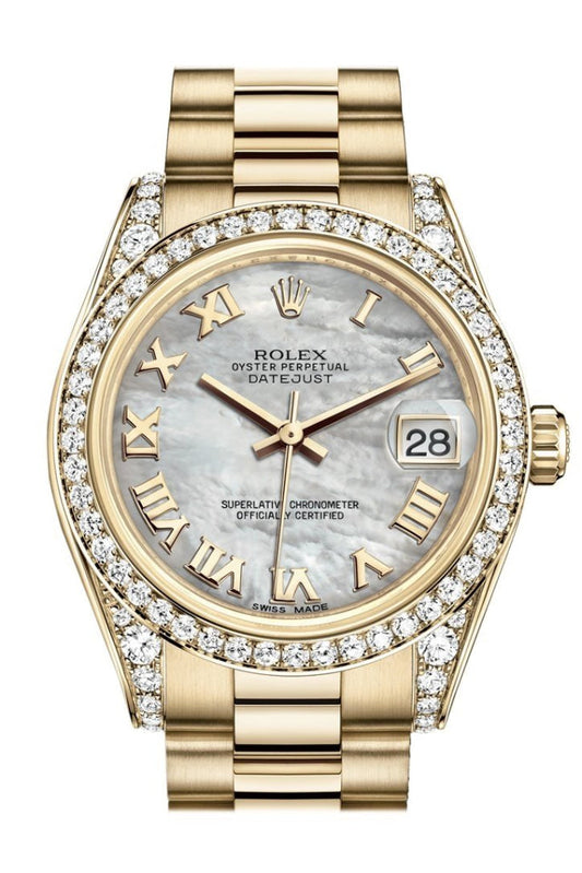 Rolex Datejust 31 White Mother of Pearl Roman Dial Diamond Bezel Lug 18K Yellow Gold President Ladies Watch 178158 Pre-owned