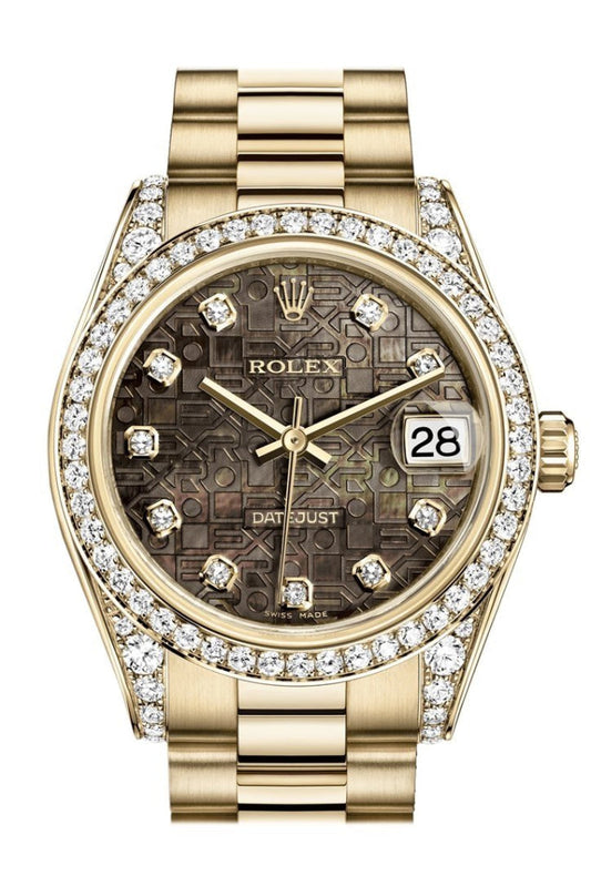 Rolex Datejust 31 Black Mother of Pearl Jubilee Diamond Dial Diamond Bezel Lug 18K Yellow Gold President Ladies Watch 178158 Pre-owned