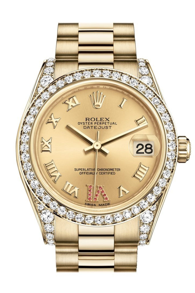 Rolex Datejust 31 Champagne Large VI Rubies Dial Diamond Bezel Lug 18K Yellow Gold President Ladies Watch 178158 Pre-owned