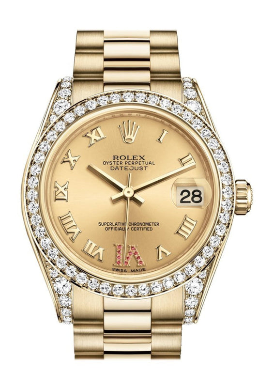 Rolex Datejust 31 Champagne Large VI Rubies Dial Diamond Bezel Lug 18K Yellow Gold President Ladies Watch 178158 Pre-owned