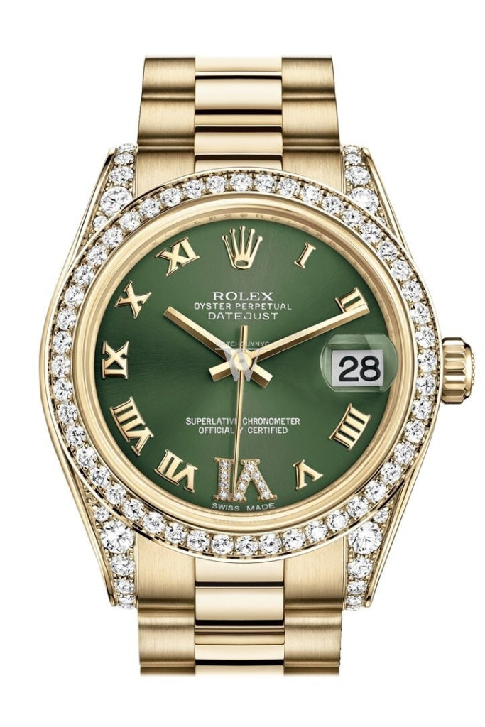Rolex Datejust 31 Olive Green VI Diamonds Dial Diamond Bezel Lug 18K Yellow Gold President Ladies Watch 178158 Pre-owned