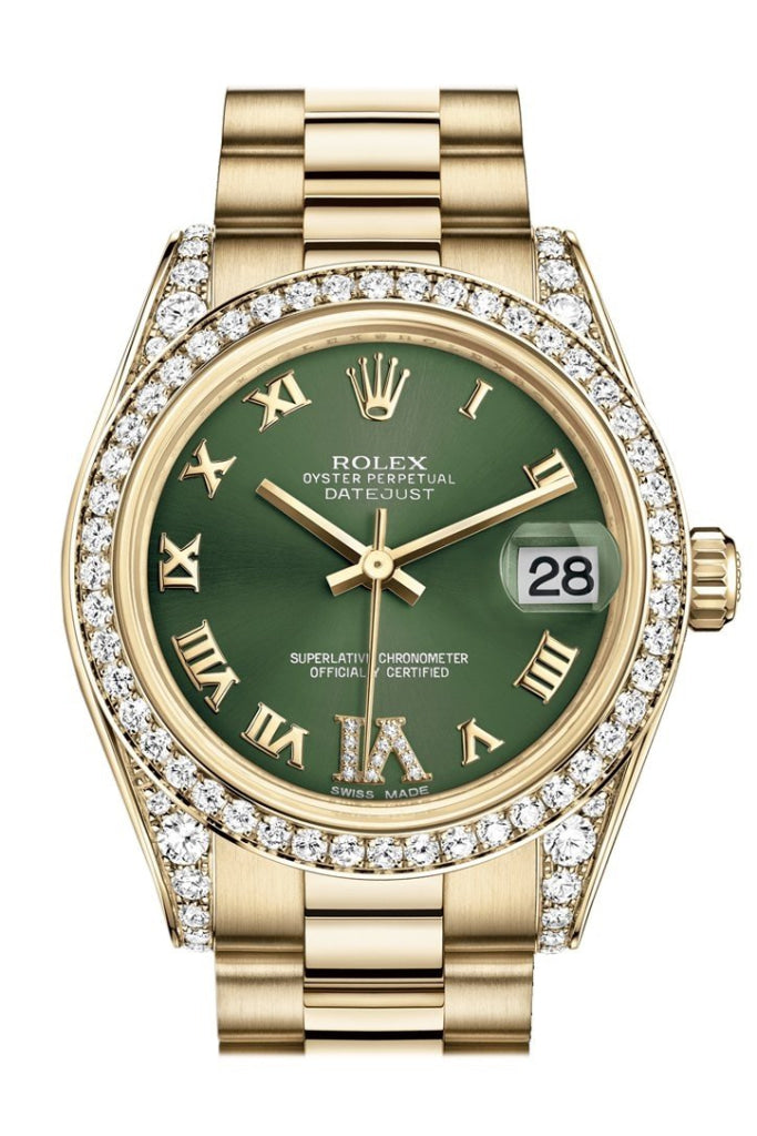 Rolex Datejust 31 Olive Green VI Diamonds Dial Diamond Bezel Lug 18K Yellow Gold President Ladies Watch 178158 Pre-owned