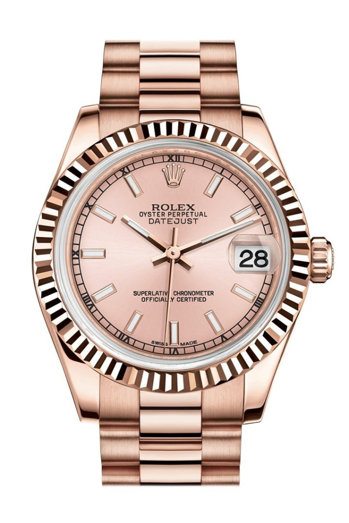 Rolex Datejust 31 Pink Dial Fluted Bezel 18K Everose Gold President Ladies Watch 178275 Pre-owned