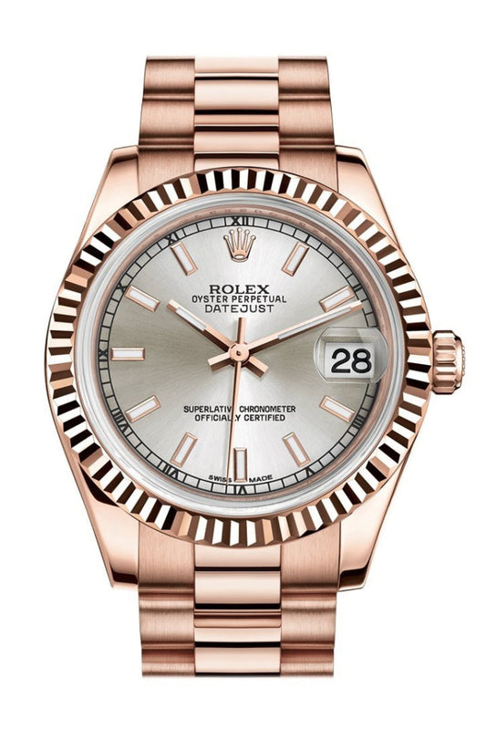 Rolex Datejust 31 Silver Dial Fluted Bezel 18K Everose Gold President Ladies Watch 178275 Pre-owned