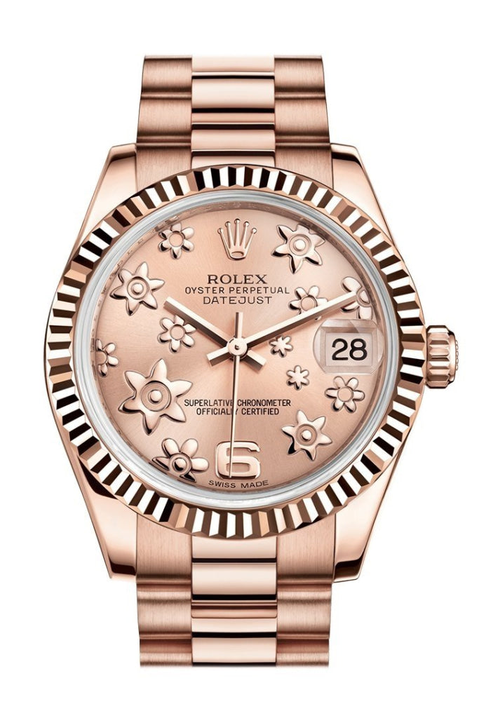 Rolex Datejust 31 Pink Raised Floral Motif Dial Fluted Bezel 18K Everose Gold President Ladies Watch 178275 Pre-owned